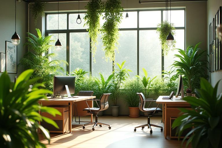 Bureau éclairé naturellement avec plantes vertes