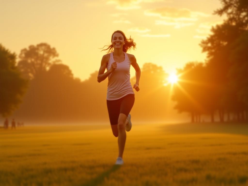 Femme souriante courant dans un parc au lever du soleil